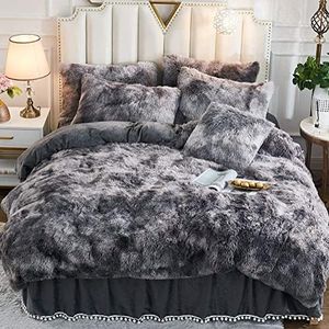 Michorinee Housse de Couette en Peluche 220x240 + 2 Taie d'oreiller 65x65 cm Parure de Lit Polaire Flanelle Chaud Hiver - Linge de lit 2 Personnes Duveteux avec Fermeture Éclair, Tie Dye Gris