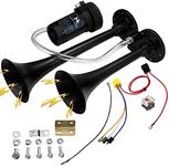 150db Super Loud Dual Trumpet Air Horn Kit with Compressor for Vehicles, Trucks, Trains, Boats - 12V, Black