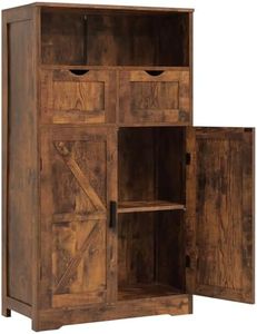 WEENFON Storage Cabinet with 2 Adjustable Drawers & 2 Barn Doors, Floor Cabinet, Freestanding Cupboard with Adjustable Shelf, for Living Room, Home Office, Kitchen, Rustic Brown