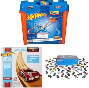 Bundle of Hot Wheels Track Builder Deluxe Stunt Box with 25 Component Parts & Toy Car + Track Pack, 40-ft of Track & Toy Car + Set of 50 Toy Trucks & Cars (Styles May Vary) (Amazon Exclusive)