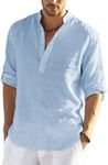 COOFANDY Men's Cotton Linen Henley Shirt Long Sleeve Hippie Casual Beach T Shirts Sky Blue