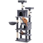 Yaheetech Cat Tree for Indoor Cats, 182cm Large Cat Tower with 5 Sisal-Covered Scratching Posts, 1 Scratching Ramp, 2 Cozy Condos, 2 Perches, Hammock, Cat Activity Centre Cat House, Dark Grey