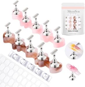 MelodySusie Nail Stand for Press Ons, Flower and Heart Shape Magnetic Base for Painting Display with Brush Holder and 100 Pcs Reusable Double-Sided Tape for Home DIY Salon Supplies, Pink and Coffee