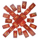 Red Jasper Rune Stones Set - Polished Stone Elder Futhark Witchcraft Supplies Gemstone Runes Viking Spiritual Stones Norse Pagan Engraved Crystals Divination Tools for Healing Brick Shape (25 Pcs)