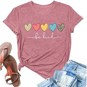 Be Kind Shirt Women Inspirational Teacher Shirt Heart Graphic Tees Loose Cute Fall Tees Tops, Pink, Medium