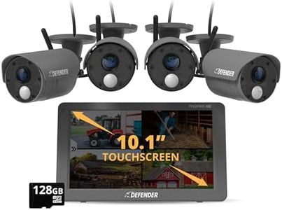 Defender Phoenix HD Wireless Security Camera System with 10.1” Touchscreen Monitor, 4 HD Outdoor Security Cameras, no WiFi Required, Upto 1000ft, Two Way Talk, Includes 128GB SD Card, 2 Year Warranty