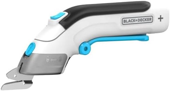 Black+Decker 3.6 V BCSC115 Cordless Scissors for Cutting Fabric, Paper, Cardboard, Leather and Plastic, Includes 2 Interchangeable Blades, USB-C Charging Cable, White/Blue