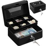 H&SA 6 (15cm) Steel Petty Cash Money Safe Box with Lock 2 Keys - Black