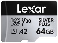 Lexar Silver Plus 64GB Micro SD Card up to 205 MB/s, MicroSDXC UHS-I Flash Memory Card with Adapter, C10, U3, A2, V30, Full HD, 4K UHD, High Speed TF Card for Drone, Action Camera, Handheld Consoles