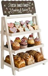 HOTCAN Foldable Wooden Cookie Display Stand for Bakers, Vendors, Market Booth, and Craft Fairs | 3 Tiered Cupcake Dessert Stand with Chalkboard Sign Ideal for Donuts, Cakes, Muffins & Pastries (White)