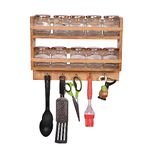 The Weaver's Nest Multi Utility Solid Wood Storage Jar Rack Shelf with Glass Jars and Hooks- Ladles Holder for Kitchen, Restaurants, Hotels (Brown, L 39 X W 10 X H 28 Cm)