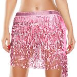 Lusofie Pink Tassel Skirt Belly Dance Hip Scarf Skirt Sparkle Sequins Skirt Fringe Rave Skirt Belly Dance Outfit for Women Girls(Tie-up Around Waist, S)