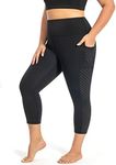 MEJING Plus Size Capri Leggings for Women with Pockets L-5X Workout Leggings Black Mesh Yoga Pants High Waisted Tummy Control, Capri-black, 4X-Large Plus