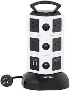 Lenoxx Tower Power Board Surge Protector - 10 Outlets, 2 USB-A Ports, 2 USB-C Ports, Surge Protection, Fast Charging, 360° Rotation, 2m Retractable Cord, USB Output 5V 2.1A - Black and White