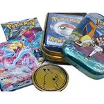 The Toy Box - Pokemon Mini Tin Bundle - 50 Assorted Pokemon Cards, x1 Sealed Booster Pack, x1 Rare Ultra Shiny Card & Game Coin