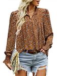 Hotouch Womens Boho V Neck Casual Long Sleeve Shirts Flowy Flower Print Tops Floral Brown Medium