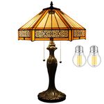 WERFACTORY Tiffany Lamp Yellow Hexagon Stained Glass Bedside Table Lamp Desk Reading Light Metal Base 16X16X24 Inches Decor Bedroom Living Room Home Office S011 Series