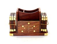 Desi Kraft Wooden Office Desk Table Accessories Organizer with Coasters Set, Stationary Organiser, Pen Pencil Stand, Business Card Holder, Brass Inlay (Flower)