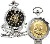 Coin Pocket Watch with Skeleton Movement | Gold Layered Silver Franklin Half Dollar | Genuine U.S. Coin | Sweeping Second Hand, Magnifying Glass | Silvertone Case | Certificate of Authenticity