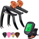 Moom 2-Pack Quick Release 6-String Acoustic Guitar Capo and Tuner Combo for Electric Guitars, Bass, Ukulele - Buzzing-Free Dual Capos with 4 Premium Picks (Black)