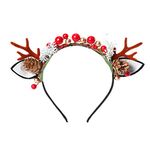 Christmas Reindeer Antlers Women Headband - Deer Xmas Hairband Antlers Hair Hoop with Ears (Red gold beads)