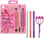 Real Techniques Double Time Brush + Lash 4 Piece Set, Dual-Ended Eye Makeup Brushes For Eyeshadow & Brows, Travel-Friendly Brush Caps For Storage, Eyelash Curler Included, Cruelty-Free