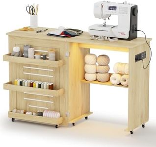 Lvifur Folding Sewing Table - with Storage, Lighted Sewing Cabinet with Charging Station, Farmhouse Sewing Desk with Motion Sensor Lights, Cutting Table with 3 Storage Trays,6 Wheels,Natural