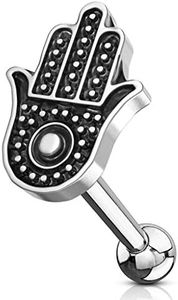 FIFTH CUE 16G Hamsa Antique Silver Plated Top 316L Surgical Steel Cartilage Tragus Basic Barbell Stud