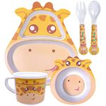 Toyshine 5 Piece Mealtime Bamboo Dinnerware for Kids, Toddler, Plate and Bowl Set, Eco Friendly and Dishwasher Safe, Great Gift for Birthday - GIRAFFE Model