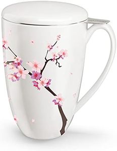 immaculife Tea Cup with Infuser and Lid for Steeping Loose Leaf Tea Bag Coffee Milk Women Office Home Gift 16oz Peach Blossoms