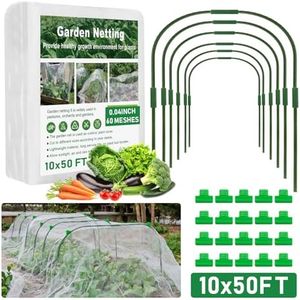 GonLei 10x 50FT Garden Mesh Netting Kit Raised Beds (6 Pcs Garden Hoops & 18 Clips) Garden Hoops Plant Netting Protection Row Covers Berry Bush Truit Trees Vegetables Grass Seed Barrier Net