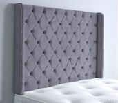 Chesterfield Winged Handmade Headboard Divan Bed Bedroom Decor Hotel Furniture Plush Velvet (Grey, 4ft6 Double)