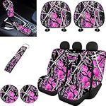 FKELYI Pink Camo Car Seat Covers Full Set with Hand Wristlet Keychain Holder,Camouflage Cup Coasters,Auto Gear Shift Cover,Handbrake Cover,Headrest Covers,Universal Fit Most Vehicle SUV Truck Van