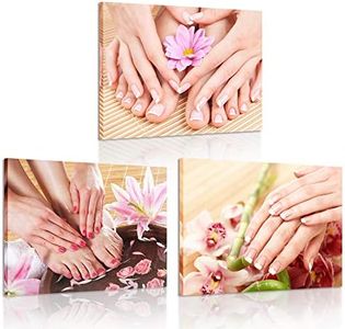 iKNOW FOTO Canvas Set of 3 Wall Art Manicure Painting Hands Foot Bath Massage Spa Still Life with Flowers Pictures Nails Beauty Salon Posters Printed Giclee Print Gallery Wrap for Walls