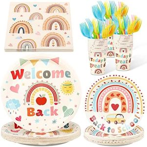 Zubebe 120 Pieces Back to School Party Supplies Set for 24 Guests, Welcome Back Paper Plates and Napkins Party Supplies Boho School Season Tableware Set Back to School Party Decorations Favors for Kids