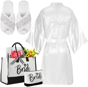 Bunnycool 4 Pcs Bridal Shower Gift Set Include Bride Robes White Slippers Canvas Tote Bag Makeup Bag for Bride Wedding Party, White