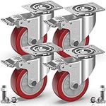 GBL Heavy Duty Castor Wheels with 4 Brakes + Screws - 100mm Castors up to 600KG - Set of 4 No Floor Marks Silent Caster Wheels for Furniture - Swivel Rubbered Trolley Wheels Heavy Duty - Silver