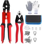 Glarks 83Pcs Up To 2.2mm Wire Rope Crimping Tool and Cable Cutter and Aluminum Double Barrel Ferrule Crimping Loop Sleeve & Stainless Steel Cable Thimbles with Anti-Cutting Gloves Assortment Kit