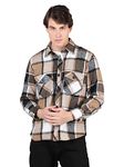 CHKOKKO Men Winter Shacket Stylish Flannel Plaid Jacket Shirt Brown XL