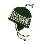 Hand Knit Sherpa Wool Hat with Micro Fleece Lining and Ear Flaps, Handmade Winter Toque, Christmas Beanie, Made in Nepal, Dark Green and White, One Size-Large