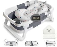 Befol Collapsible Baby Bathtub for Infants to Toddler, Portable Travel Bathtub Multifunctional Bathtub with Drain Hole, Baby Folding Bathtub for Newborn 0-36 Month (grey+Floating Baby Bath Cushion)