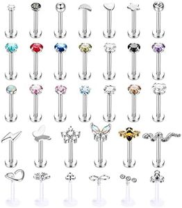 Kakonia 33 Pieces 16G Lip Piercing Medusa Piercing Stainless Steel Monroe Lip Rings for Women Men Ashley Labret Piercing Lip Nose Stud Bee Butterfly Flower Snake Tragus Piercing Ear, Stainless Steel