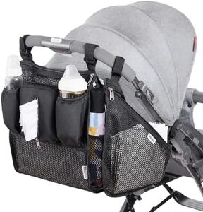 SUNVENO 2-in-1 Universal Stroller Organizer, Insulated Cup Holders, Zippered Phone/Wristlet Pocket, Side Sling Mesh Cargo, Adjustable Non-Slip Straps, Fits Most & Umbrella Strollers, Black