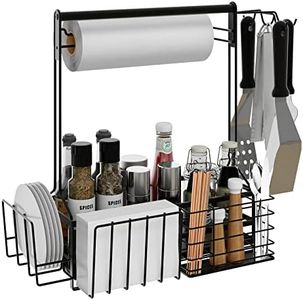 BBQ and Grill Caddy with Paper Towel Holder, Iron Steel Handle & 4 Hooks – Camper Accessories Condiment Caddy – Plates, Cutlery and BBQ Organizer for Camping Outdoor Grilling Tool Accessories