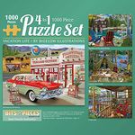 Bits and Pieces - Value Set of Four (4) 1000 Piece Jigsaw Puzzles for Adults - Puzzles Measure 20" x 27" - 1000 pc Porch Family Summer Boathouse Multi-Pack Jigsaws by Artist Bigelow Illustrations