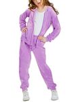 Woolicity Girls Sweatsuits Set Velour Tracksuit 2 Piece Outfits Zip Up Hoodies and Pants Sportswear Jogging Set, Light Purple, 9-10 Years