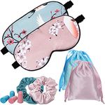 Silk Sleep Mask Set Include Sleep Eye Mask, Sleep Earplugs and Sleep Scrunchies, Storage Bag, Crane Pattern Blindfold Sleeping Mask with Adjustable Strap Soft Eye Cover for Women Men Adult