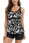 AOQUSSQOA Women Floral Halter Tankini Set with Shorts High Waist Sporty Swimsuit Bikini (Black Leaf, XL)