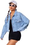 MakeMeChic Women's Casual Long Sleeve Raw Hem Jean Jacket Button Down Crop Denim Jacket Light Wash S