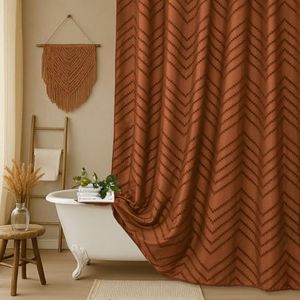 Extra Long Orange Boho Shower Curtain 96 inch Shower Curtain, Tufted Chevron Striped Chic Textured Minimalist Bathroom Shower Curtains
